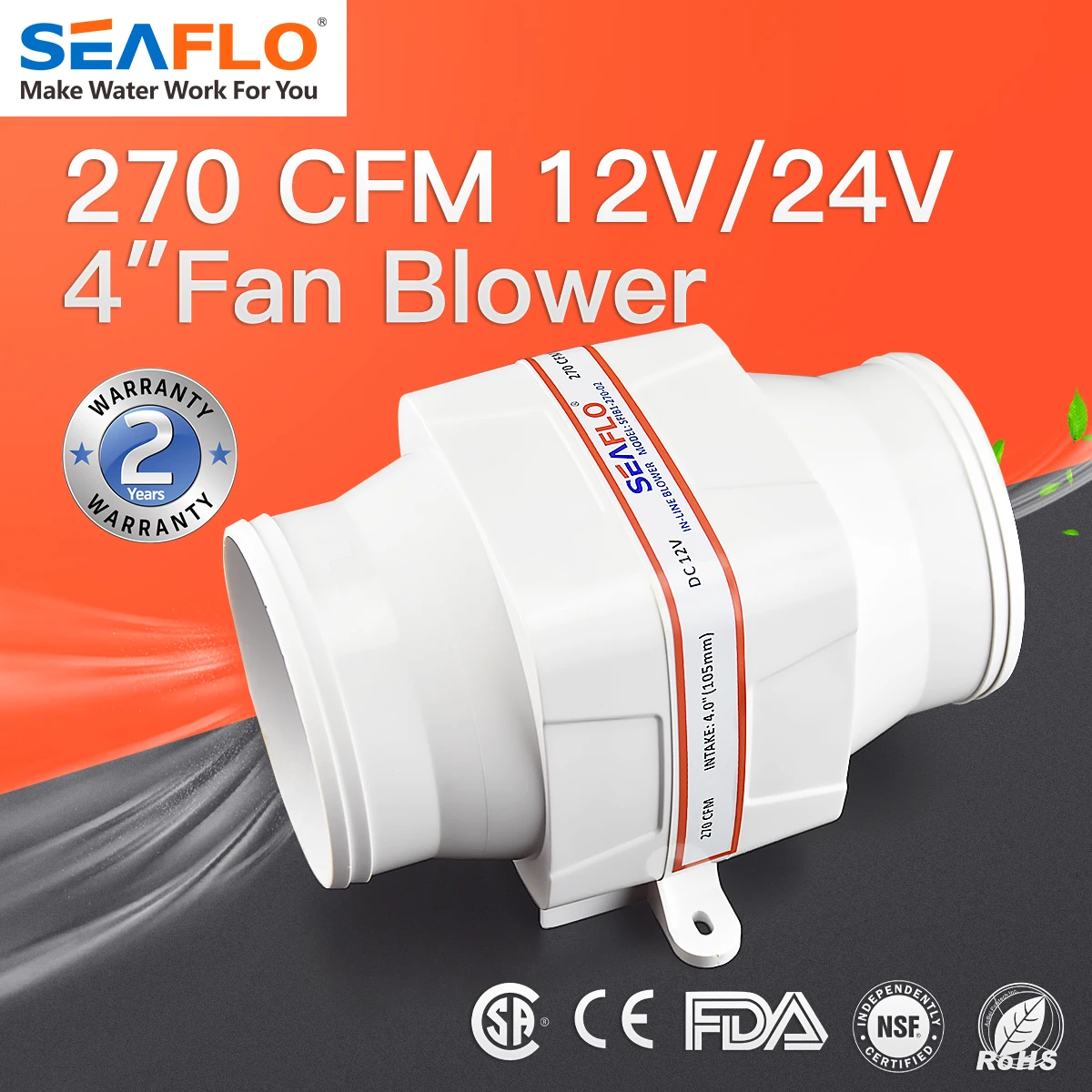 SEAFLO4100mm2700CFMInLineBilgeBlowerFanDC12V24V4blade