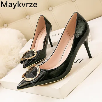 

Tide women High Heels Fashion was thin stiletto shallow mouth pointed Toe metal belt buckle wild Pumps Leather women's shoes