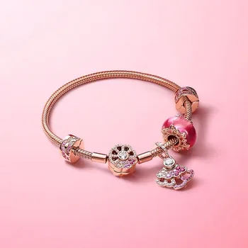 

New 925 Sterling Silver Exquisite Rose Gold Fan Pendant With Glass Bead Fan Bracelet Fit Original Pandora Charm Diy Jewelry