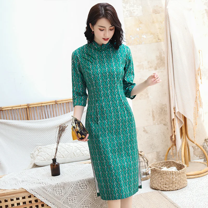 Сексуальное Платье До Колена Cheongsam, весеннее винтажное платье в китайском стиле, женское Хлопковое платье Qipao, тонкое вечернее платье на пуговицах, Vestido M-3XL - Цвет: 3801