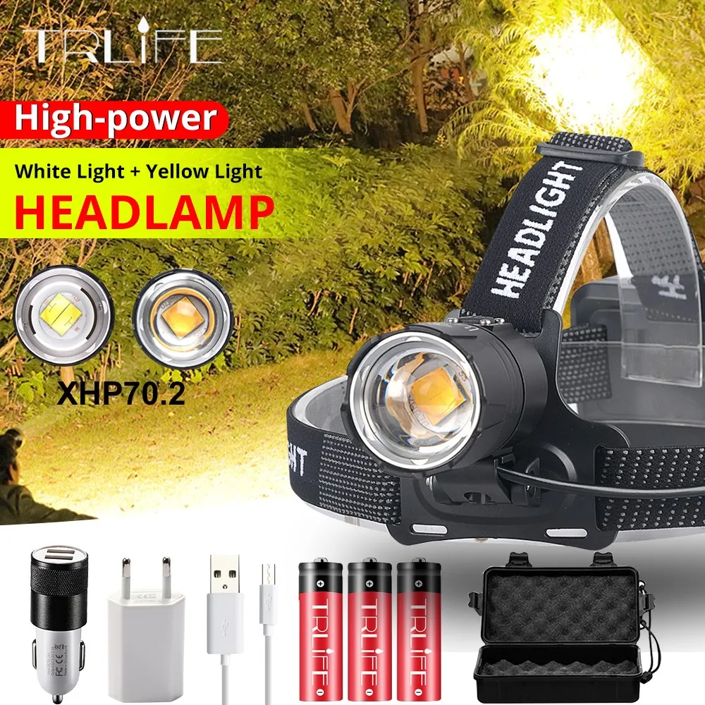 Najtaniej Super jasne led XHP70.2 żółty biały reflektor reflektor USB akumulator głowy latarki XHP latarnia wykorzystanie 3*18650 baterii dla ryb