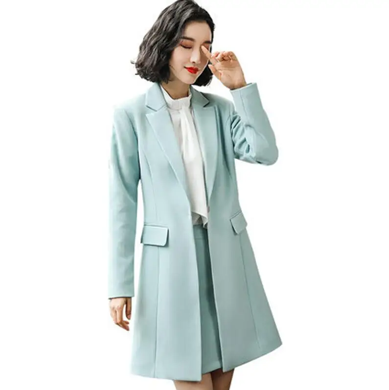 light blue-jacket Новинка, Осень-зима, Женский Длинный блейзер, элегантный, длинный рукав, официальные топы, зеленый, красный, желтый, абрикосовый, синий, пальто - Цвет: light blue-jacket