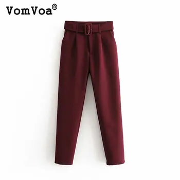 

Vomvoa ZA fuchsia casual pants female 2020 spring new fashion was thin waistband straight trousers belt female pants