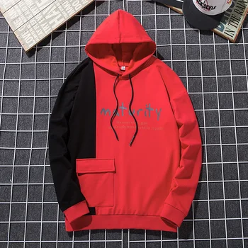 

Harajuku Men Hooded Sweatshirts Hit Color Patchwork Man Hoodies M-4XL Black Red Men's Sweatshirts