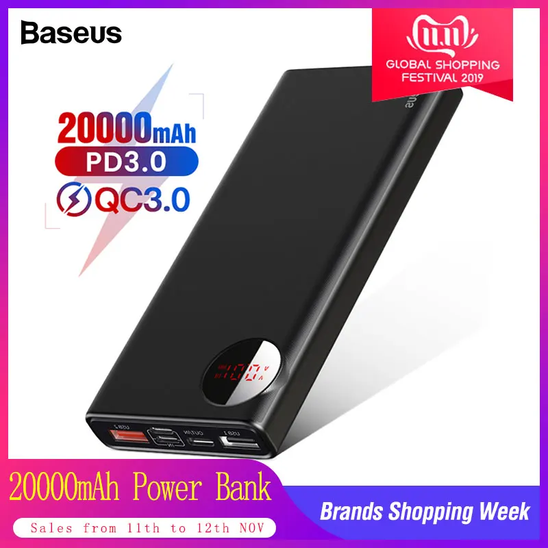 

Baseus 20000mAh Power Bank Quick Charge 3.0 USB Type C PD Powerbank For iPhone Xiaomi Huawei External Battery Charger Poverbank