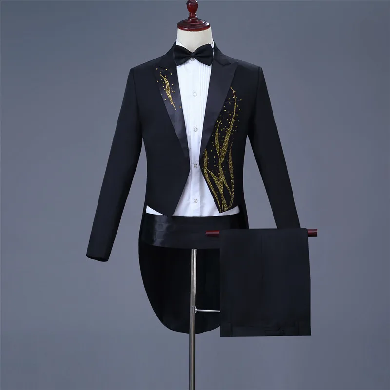 Сценический певец Свадебный комплект жениха мужской классический черный костюм-смокинг(хвост пальто+ пояс+ брюки) тонкий лацкан с бриллиантами украшает смокинг - Цвет: as picture