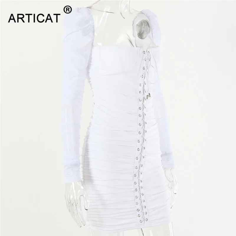 Articat, Сетчатое, с рюшами, вечерние, рождественское платье, женское, белое, без бретелек, на шнуровке, облегающее, Осеннее, зимнее платье, элегантное короткое платье