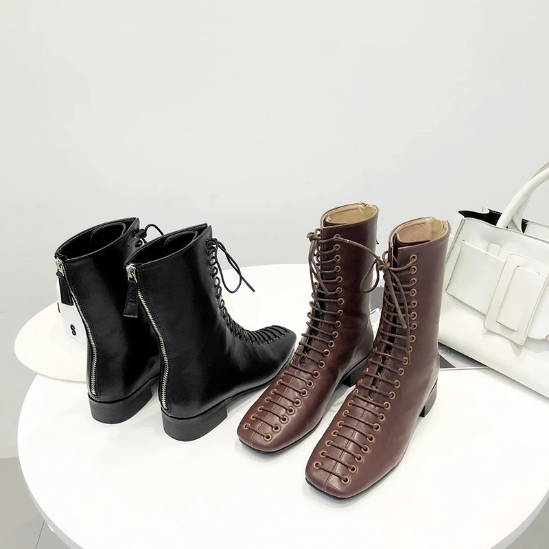 

Shoes Woman Zip Square Toe Half Boots Cross Strap Chunky Heels Mid Calf Boot Black Brown Casual Leather Zapatos De Mujer