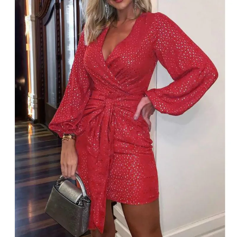 Модные Фонари рукавом v-образным вырезом Обёрточная бумага платье элегантные с