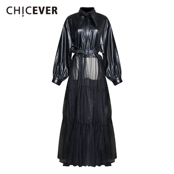 

CHICEVER PU Leather Patchwork Mesh Sexy Women's Coat Lace Up Lapel Collar Long Sleeve High Waist Jacket Female Fashion Clothes