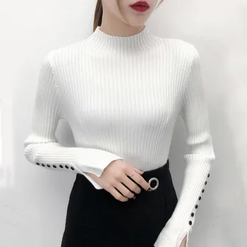 

Women Autumn Winter Solid Color Slim Bell Sleeved Half High Collar Slim Bottom Knit Sweater 5 Colors
