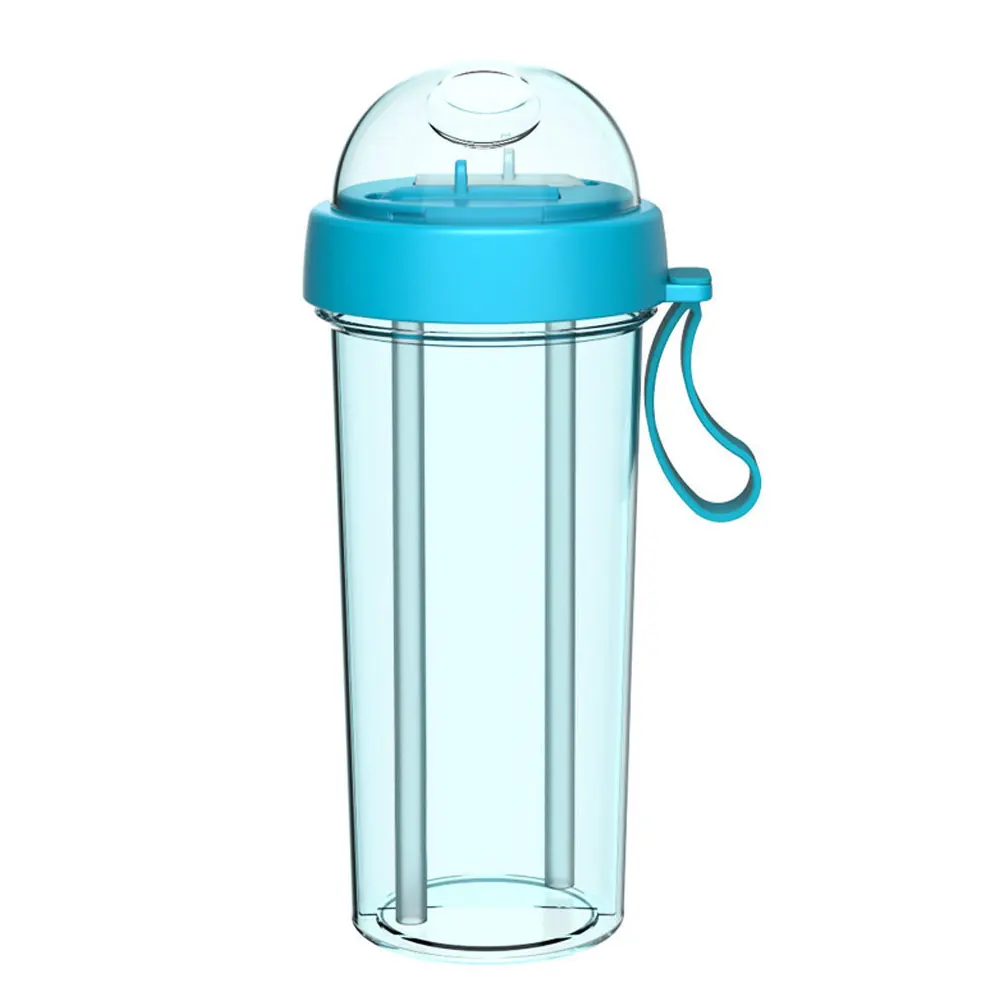 420/600ml Portable Dual Straw Separate Plastic Sport Drink Water Beverage Bottle Couples Gift Food Grade Plastic Anti-leak - Цвет: Green 600ml