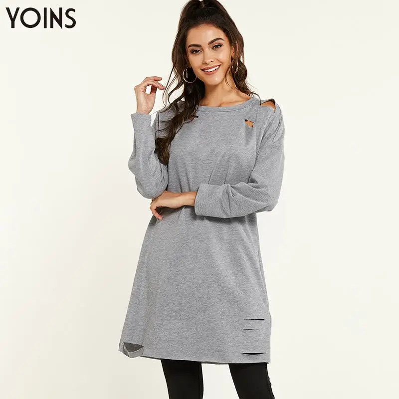 

YONIS 2019 Dress Women Autumn Winter Cotton Ripped Round Neck Long Sleeve Midi Dresses Regular Fit Casual Solid Casaco Feminino