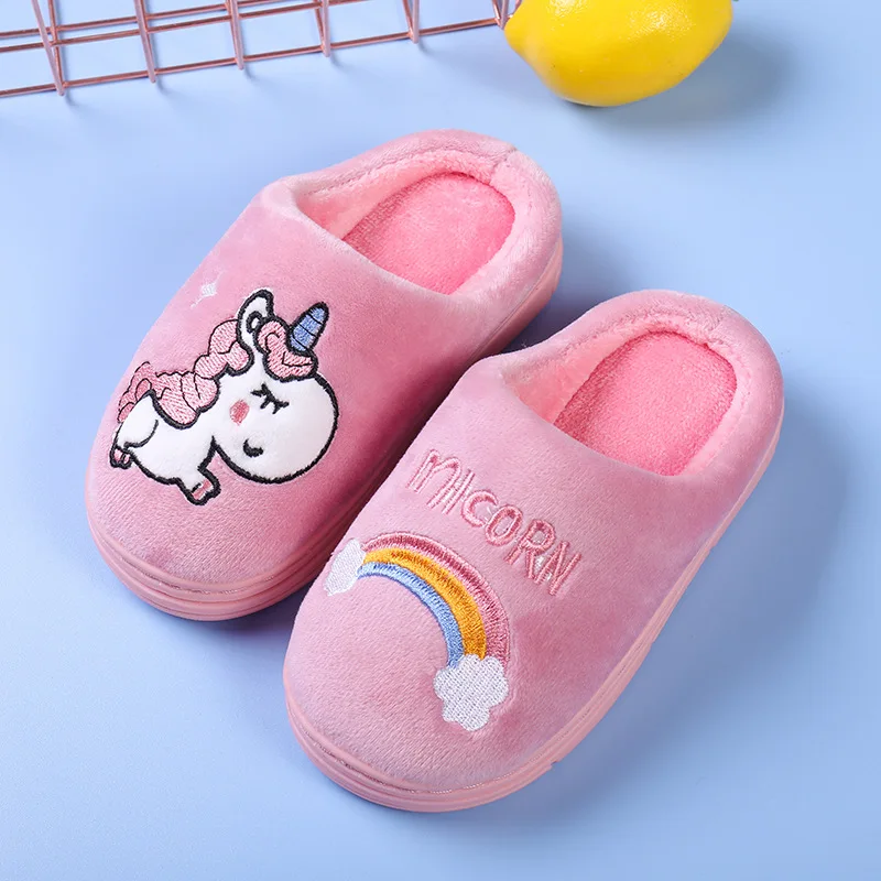 Winter Unicorn Slippers Kids Fluffy Toddler Flip Flop Girls Indoor Shoes Baby Boys Fur Slides Cotton Warm House Children Slipper