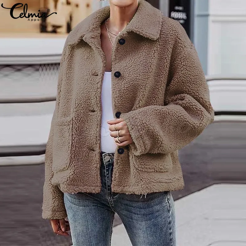 Promo  Celmia Plus Size Fashion Warm Faux Fur Coats Women Long Sleeve Pockets Solid Fleece Jackets Casual 