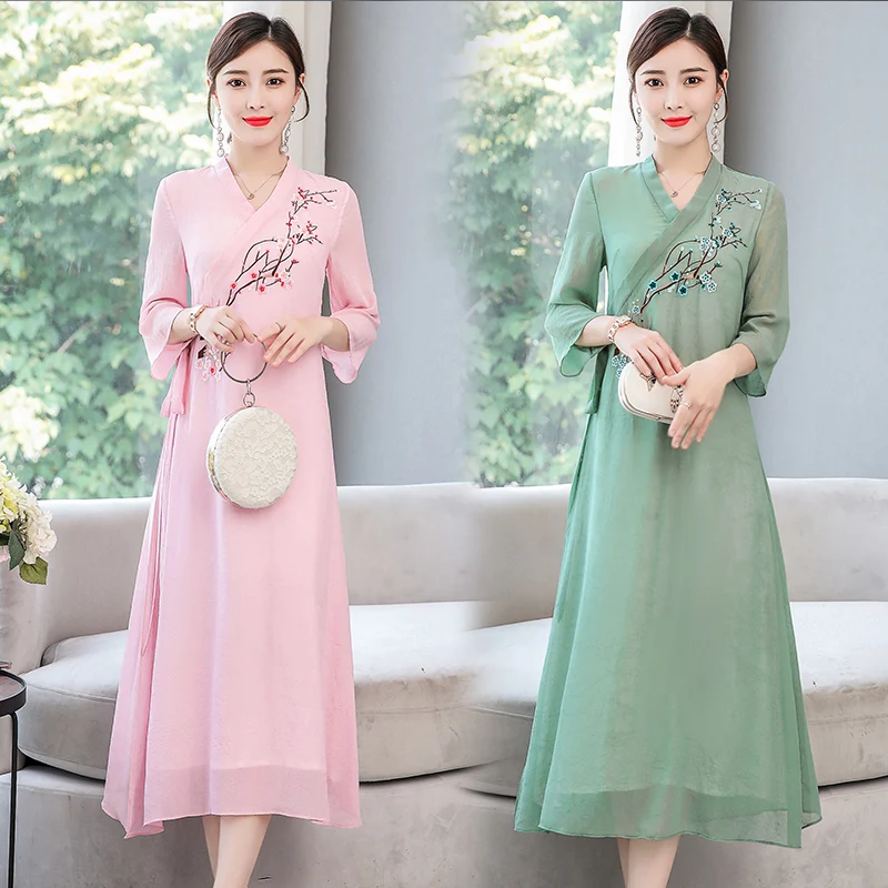 Винтажное повседневное Ретро китайское платье cheongsam qipao шифоновый Чонсам zen tea пеньковое Платье льняное платье свободное женское платье