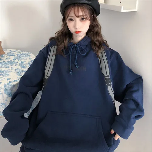 Синий Printed Hoodies Women Korean Autumn Winter Fleece Hooded Sweatshirts Women Harajuku Funny Kawaii Oversized Clothing - Цвет: Синий