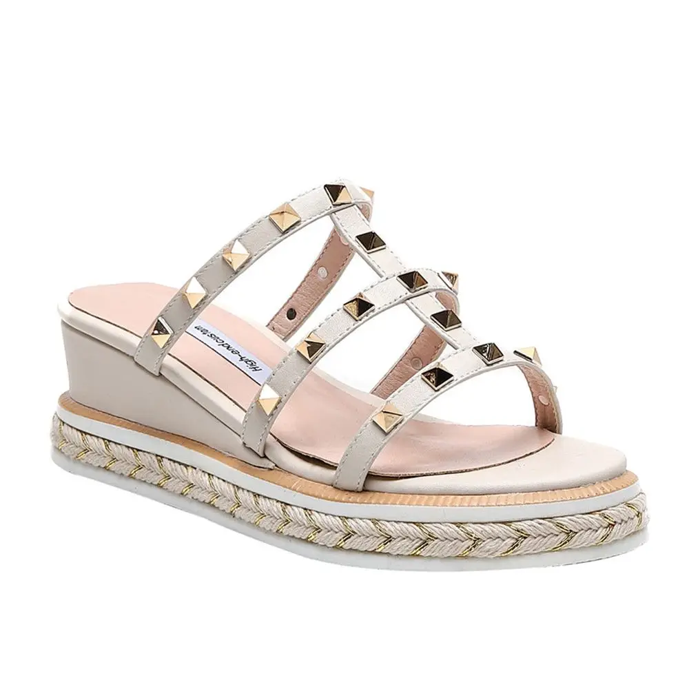 Women Slippers Summer Shoes High Heel Genuine leather Platform Bohemia Rivet Wedges Leisure Comfortable Flat Platform Shoes