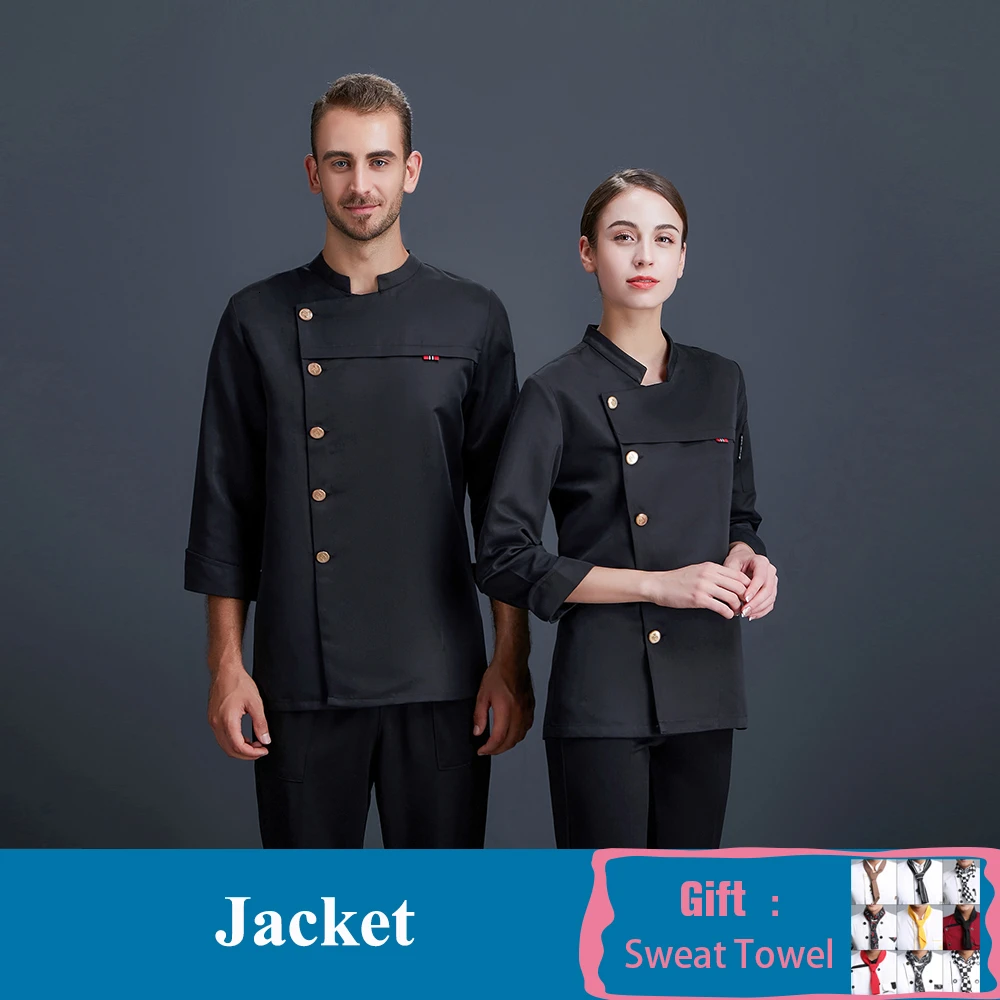 Black Coat Шеф-повара Униформа с длинным рукавом однобортный Куртка поварская еда услуги поварской китель унисекс Отель Ресторан Кухня Рабочая одежда - Цвет: Black Coat