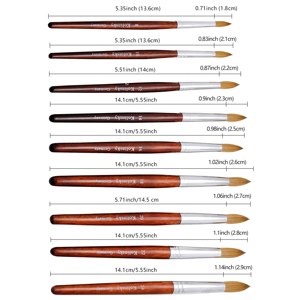 Kolinsky Nail Brush Acrylic with Red Round Wooden Handle and 100% Kolinsky Sable Hair for Crystal UV Gel Painting 5