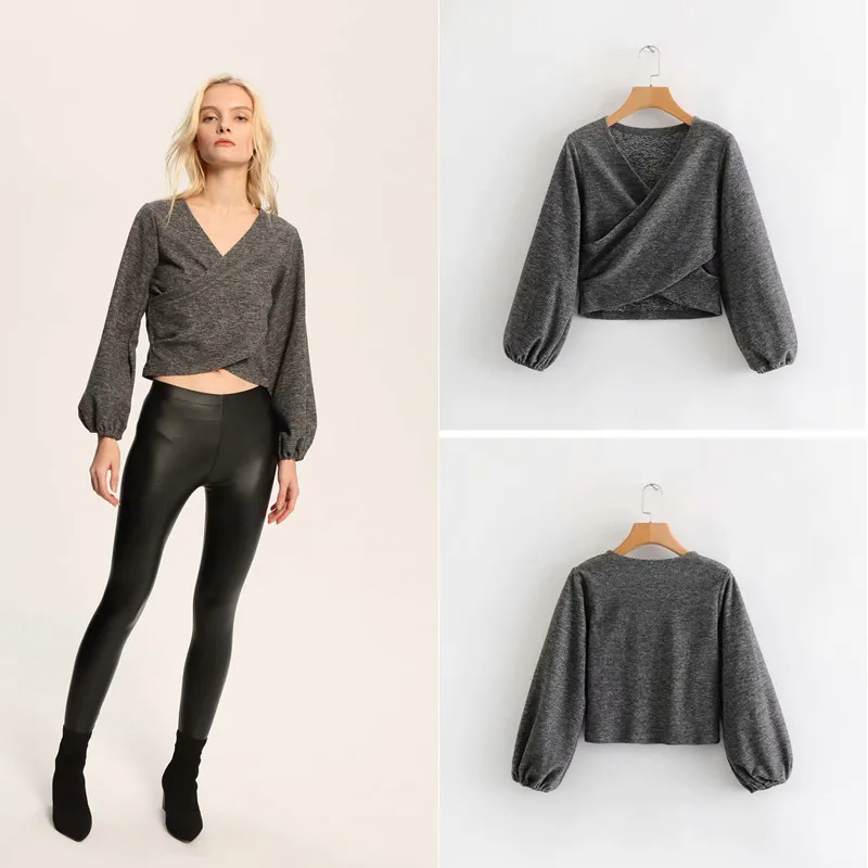 

19 Spring New Products Retro Casual Slimming Lantern Sleeve Cross V-neck Short Scheming Tops LADY'S Shirt