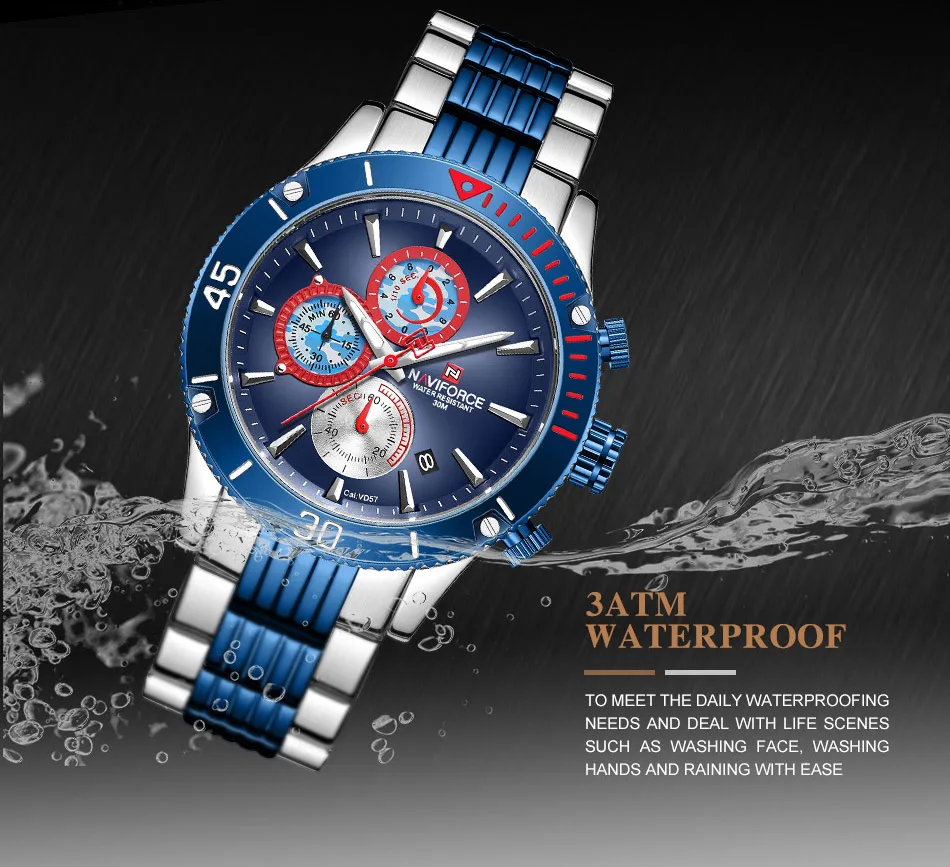 NAVIFORCE Для мужчин часы Для мужчин s Полный Сталь Водонепроницаемый спортивные Кварцевые наручные часы Дата неделю хронограф часы мужские часы Relogio Masculino