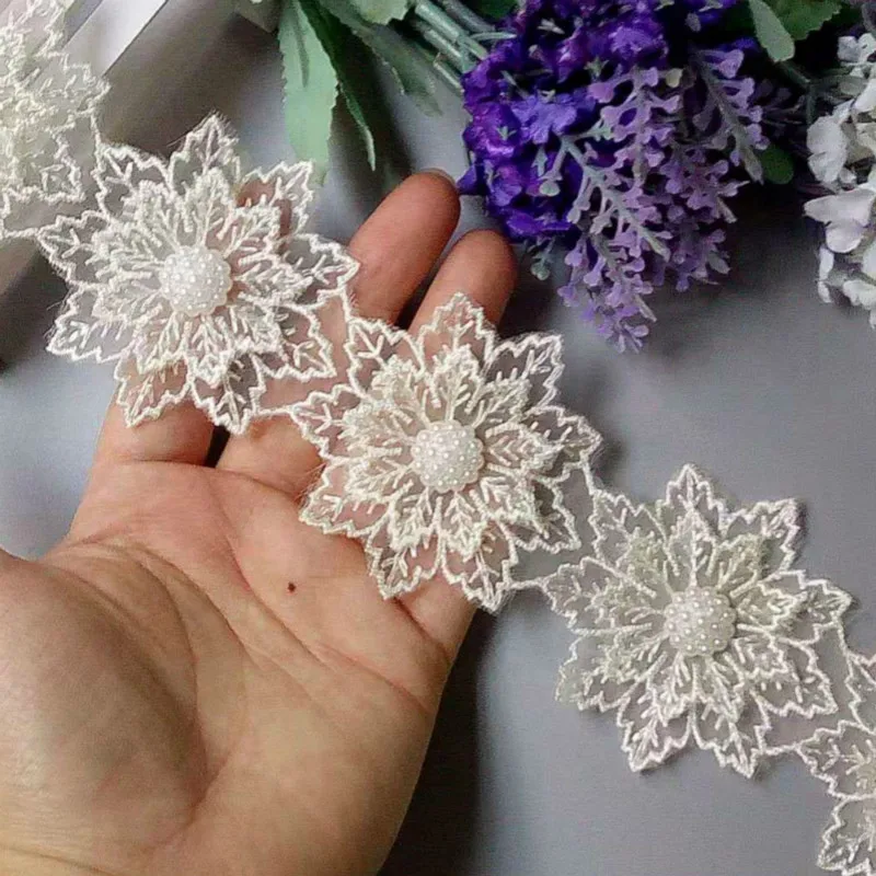 

2 yards Ivory Pearl Flower Leaf Handmade Beaded Embroidered Lace Trim Ribbon Applique Wedding Dress Sewing Craft 6 X 6 cm New