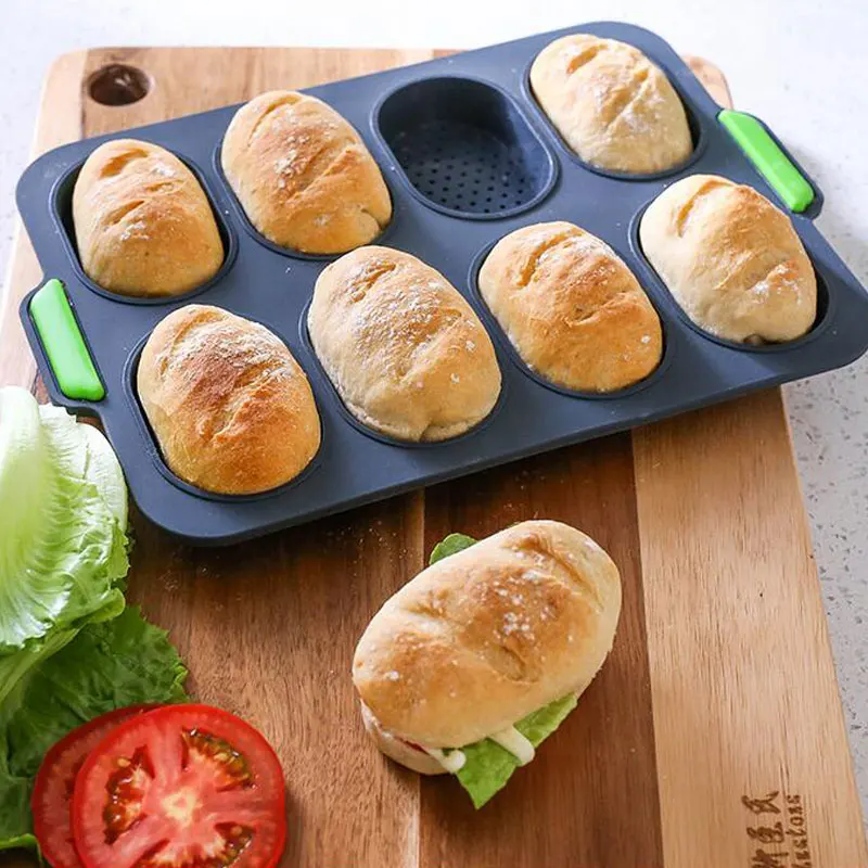 8 Grids Non-stick DIY Good Flexibility French Heat Resistant Hamburger Easy Release Baking Bread Mold Silicone Home Practical