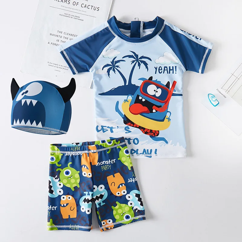 

1~8 Year Boys Swimwear Funny Cute Boy Swimsuit Three Pieces Swimsuits Toddler Floating Kids Cartoon Beach wear Children suit