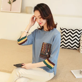 

Seven-point Sleeves Vitality Girl Sweater Loose Large Size Round Neck Stitching Ethnic Style Knitted Base Jumpers Female 2020