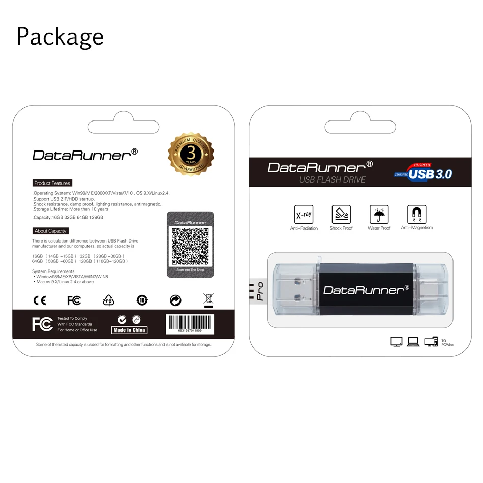 Горячая Распродажа USB флеш-накопитель DataRunner type C 32 Гб 64 Гб OTG флеш-накопитель 16 Гб 128 ГБ 256 ГБ Флешка 2 в 1 USB 3,0 карта памяти