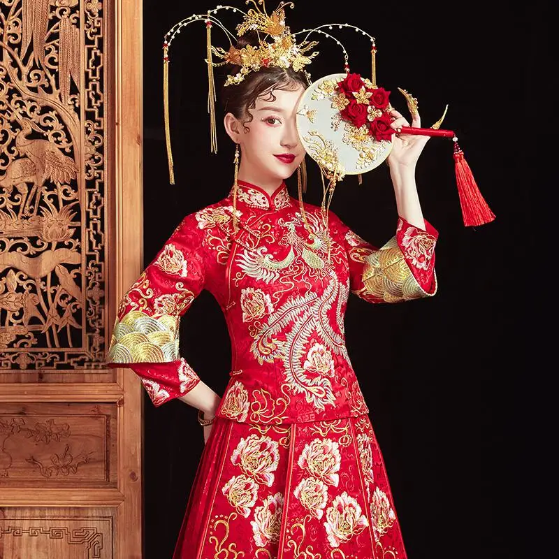 Китайское свадебное платье невесты ручной работы с вышивкой Cheongsam женская одежда Новинка Qipao marige платье костюм размера плюс 3xl - Цвет: red b