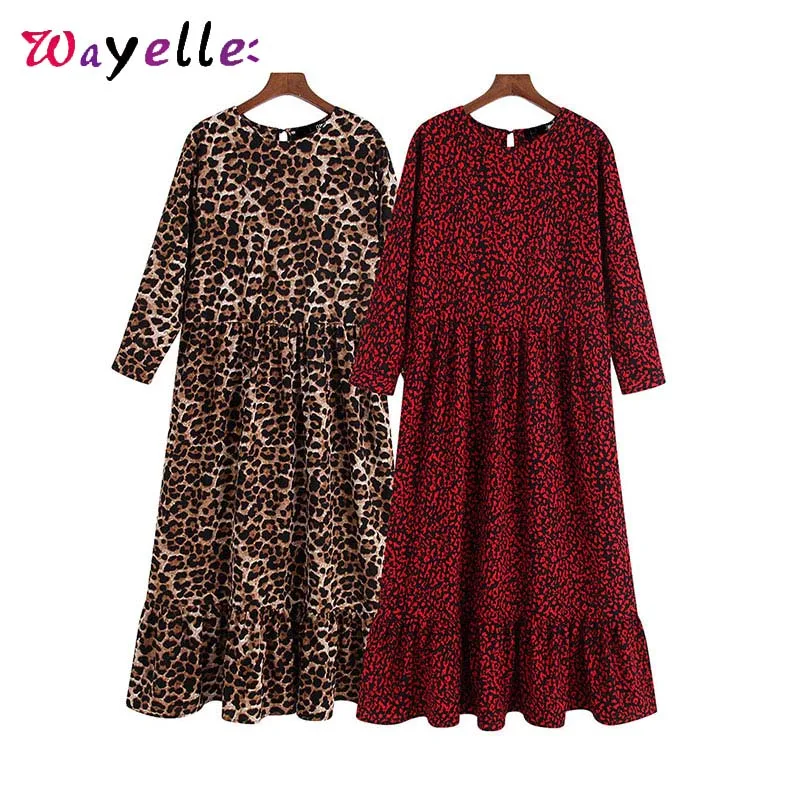 

Elegant Dresses 2019Autumn Leopard Print O-Neck Midi Dress Women Ruffled Three Quarter Sleeve Dress Chic Maxi Dresses for Women