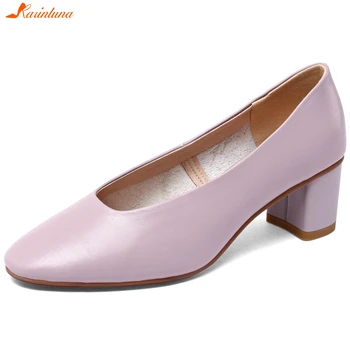 

Karinluna New Arrivals 2020 Genuine Cow Leather Square Heels Concise Shoes Woman Pumps Slip-On Spring/Autumn Office Lady Pumps