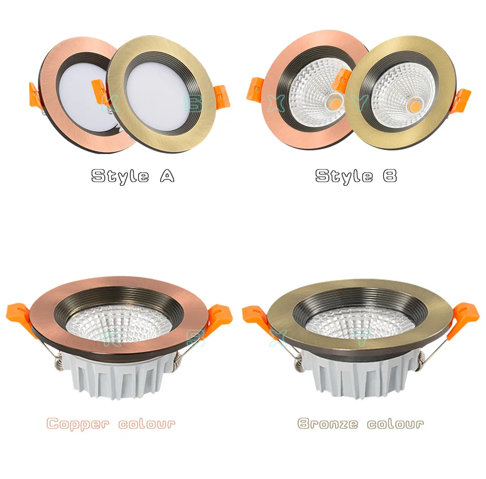 Светодиодный светильник с регулируемой яркостью, 3W, 5 Вт, 7 Вт, AC85-265V, Круглый, медный, бронзовый, встроенный светодиодный потолочный светильник, внутреннее освещение с приводом