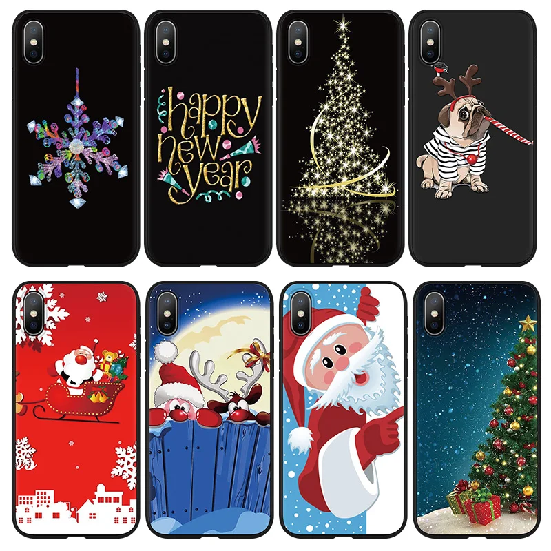 

Merry Christmas Tree Santa Claus Print Soft Black TPU Matte Fundas for iPhone XS Max XR X 5 5S SE 6 6S 7 8 Plus Case Cover Coque