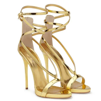 

2019 summer new high-heeled sandals patent leather gold and silver thin belt open toe high heels strap sandals