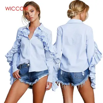 

Ruffled Office Clothes Light Blue Blouses Women Autumn Elegant Shirts Female With Long Sleeves Buttons Turn Down Collar Chemise