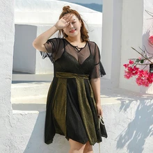 Женский сексуальный купальный костюм размера плюс с юбкой, цельный сетчатый купальный костюм с рукавом, женская одежда для плавания, большой размер, купальный костюм, пуш-ап