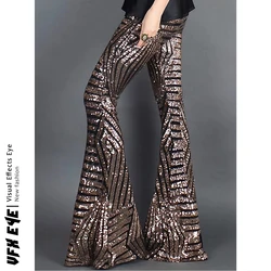 Pantalon évasé à paillettes noir/abricot pour femme, jambes larges, taille haute, Long, tenue de bureau, danse Disco, 2022 