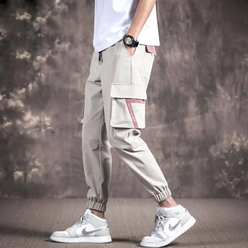 Cargo Pants Men Polyester Comfortable Drawstring Joggers Trousers Black White Many Pockets Ankle Banded Male Casual Pants Boys