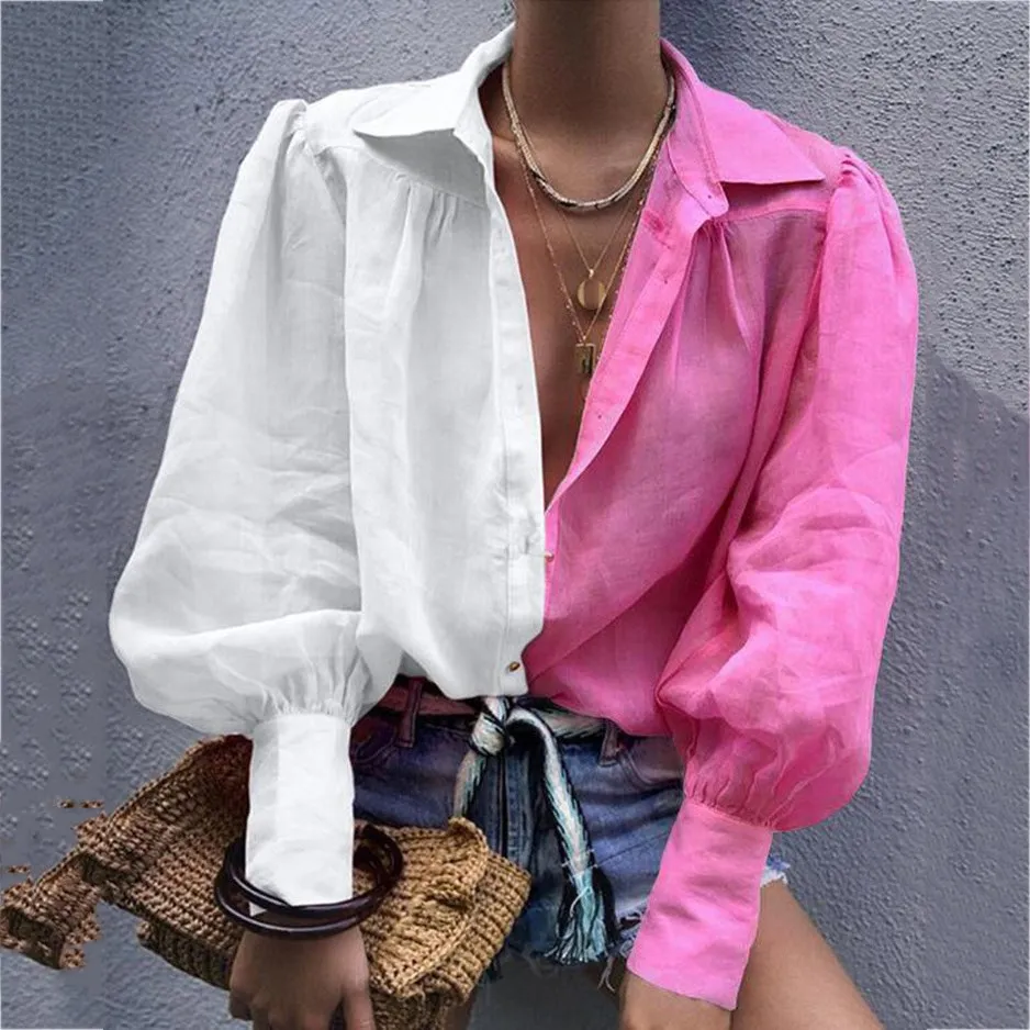 

Color Block Turn Down Collar Lantern Sleeve Blouse Patchwork Women Top Fall Office Streetwear Trendy Shirt Chic Loose Shirt