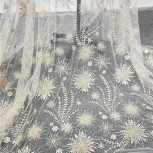 Светильник роскошный Золотой 3D вышитый бисером цветок тюль кружевная ткань с блестками, ткань от-кутюр кружево по двору для свадебного выпускного вечера