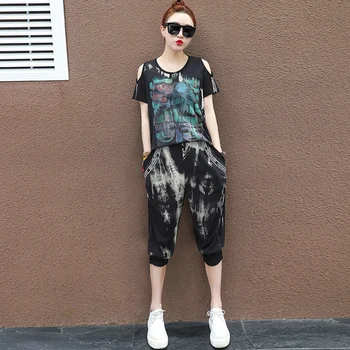 

TWO PIECE SET Tracksuits Korean Outfits Runway Women Joggers 2 Piece Set Suit Tunic Top T Shirt Print Summer Sweatsuit Hip Hop