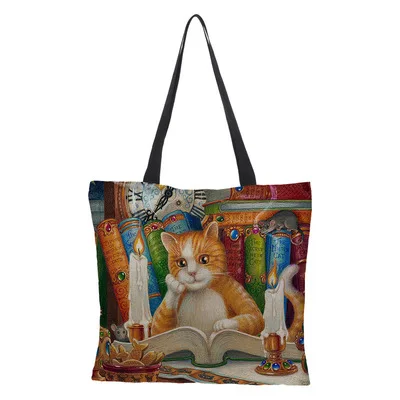 41 Styles Customize Oil Painting Cat Womens Designer Shoulder Bag Linen Reusable Shopping Bags For Women Casual Tote Bags Ladies 