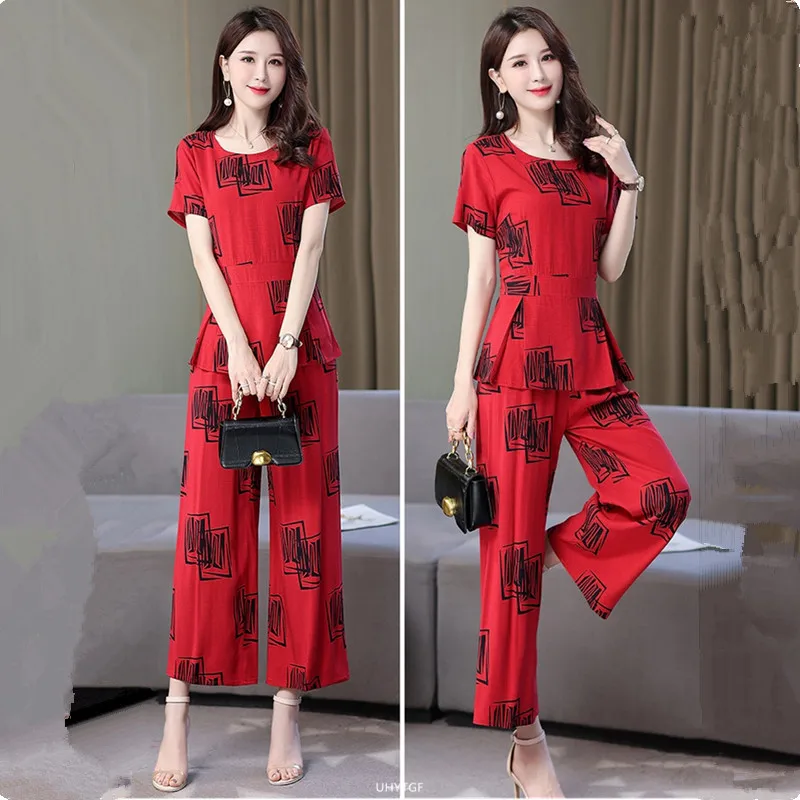 UHYTGF Cotton Silk 2 Pieces Sets Women's Summer Suit Fashion 5XL Loose Size Thin Two-Piece Sets Short Tops+Pants Tracksuit 1427