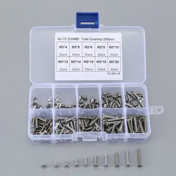 

New 200pcs 304 Stainless Steel Screw Cross Recessed Flat Head A2-70 DIN 965 Wood Screws Silver Combination Set
