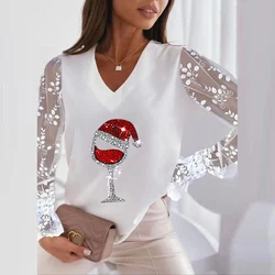 Casual Loose V Neck Women Christmas Tops Female Patchwork Sexy Long Sleeve Pullovers Streetwear Red Wine Glass Print Slim Blouse