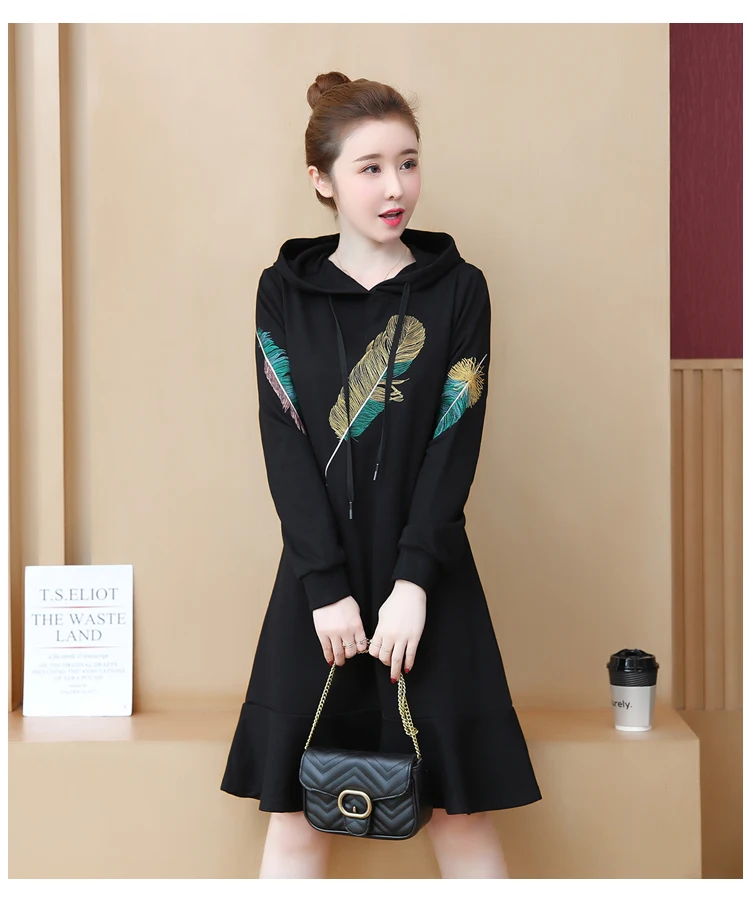 

P Ammy Embroidery Feather Plus Size Fleece Lining Hooded Thicken Warm Sweatshirt Dress 2019 Winter Long Tunic pullover
