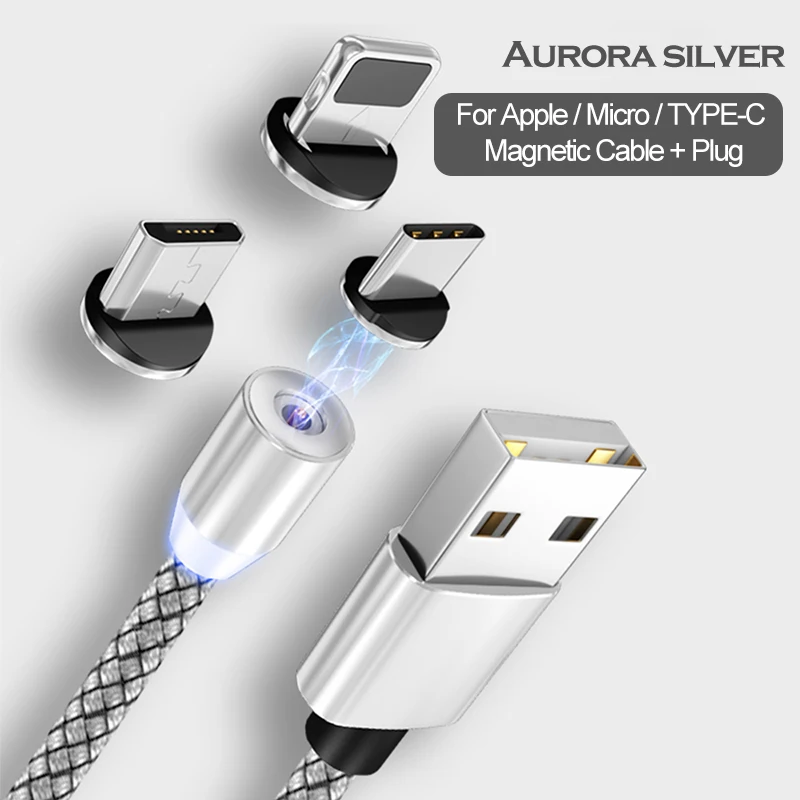 Silver For 3 Plug Магнитный usb-кабель для быстрой зарядки USB type C, магнитный светодиодный кабель для зарядки 1 м 2 м, кабель Micro usb для мобильного телефона, usb-кабель - Цвет: Silver For 3 Plug